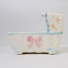 Vintage Ceramic Baby Bassinet Planter White w/ Blue Trim Made in Japan