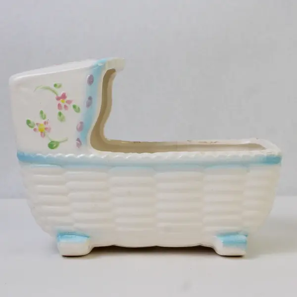 Vintage Ceramic Baby Bassinet Planter White w/ Blue Trim Made in Japan