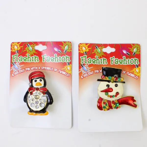Lot of 2 DM Productions Flashing Holiday Christmas Pins Penguin Snowman