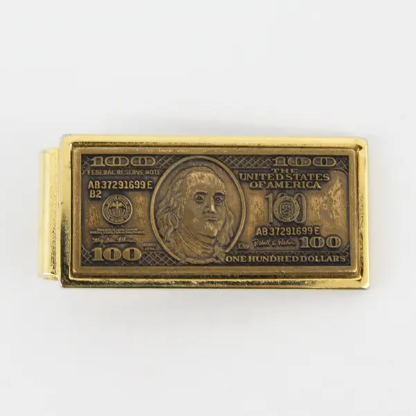 Gold Colored Tie Clip with $100 Bill Design 2"x0.14"