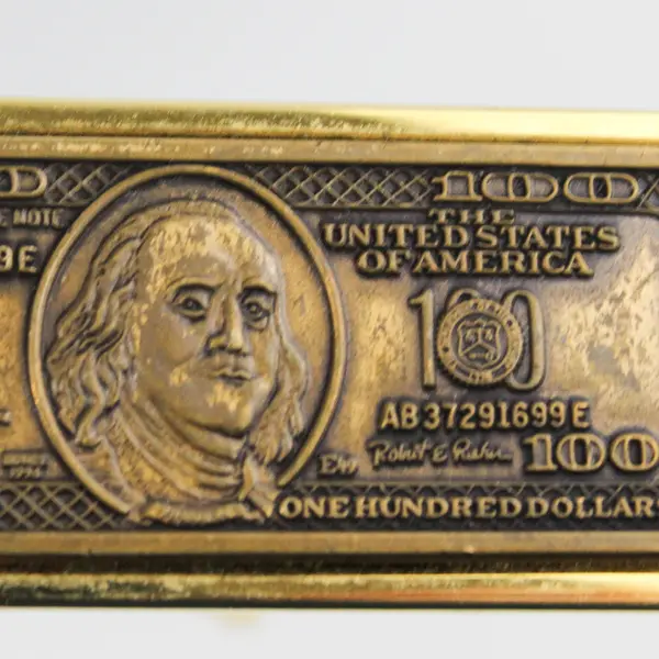 Gold Colored Tie Clip with $100 Bill Design 2"x0.14"