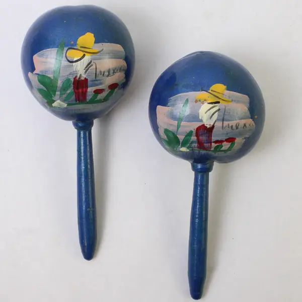 Vintage Blue Hand-Painted Mexican Gourd Maracas