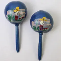 Vintage Blue Hand-Painted Mexican Gourd Maracas