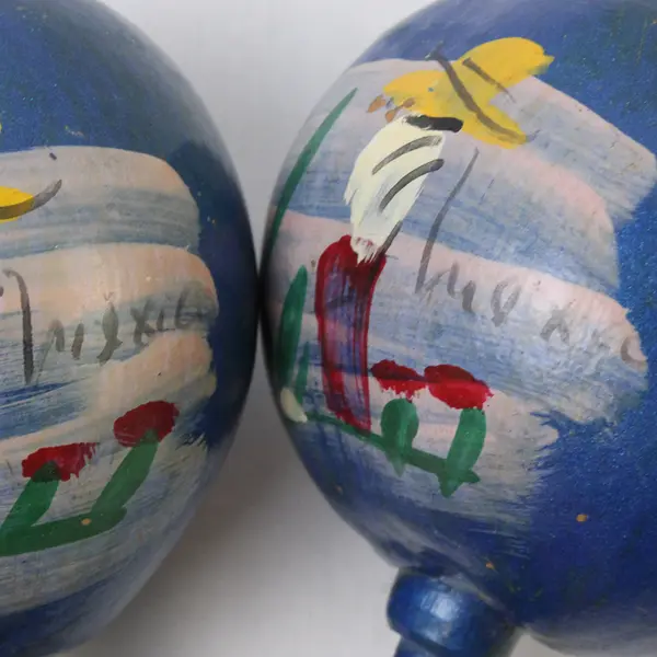 Vintage Blue Hand-Painted Mexican Gourd Maracas