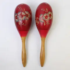 Vintage Wooden Red Floral Carved Maracas