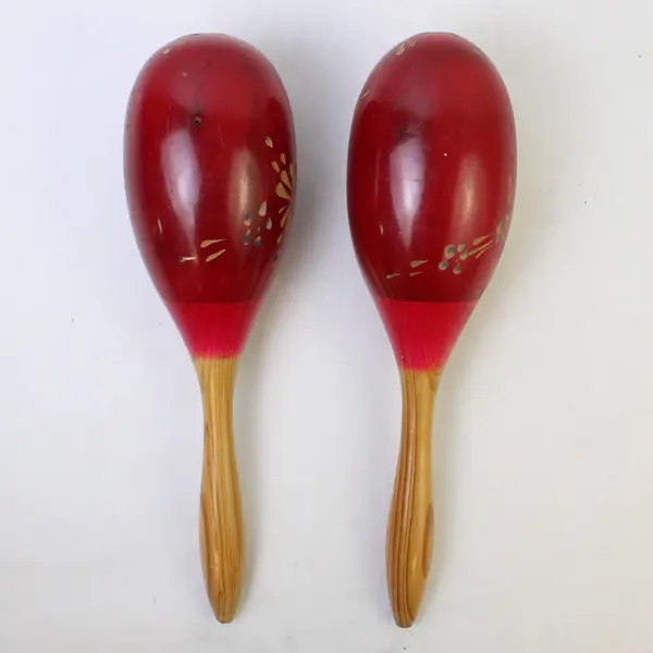 Vintage Wooden Red Floral Carved Maracas