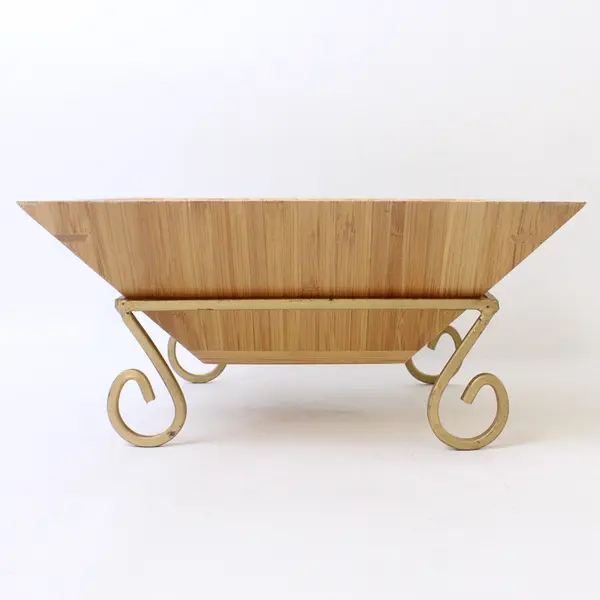 Pampered Chef 9" Square Bamboo Serving Bowl with Gold-Tone Stand