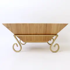 Pampered Chef 9" Square Bamboo Serving Bowl with Gold-Tone Stand