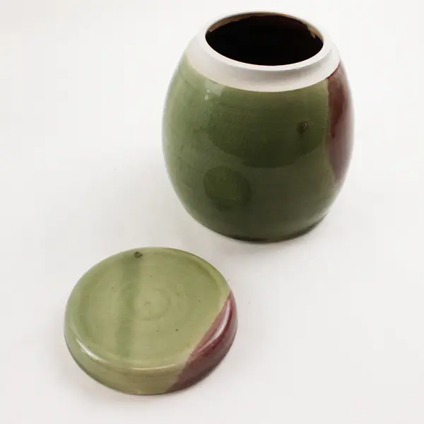 Signed Handmade Green and Red Lidded Urn Studio Pottery 6" 