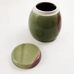 Signed Handmade Green and Red Lidded Urn Studio Pottery 6" 