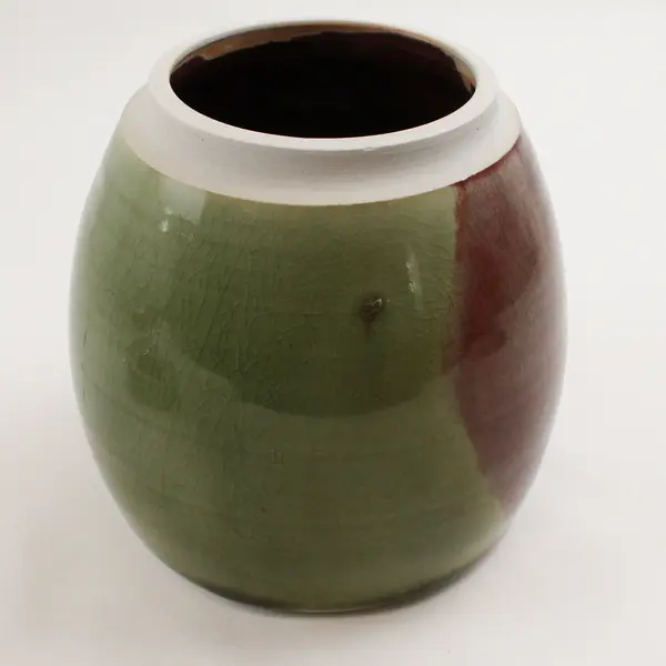 Signed Handmade Green and Red Lidded Urn Studio Pottery 6" 