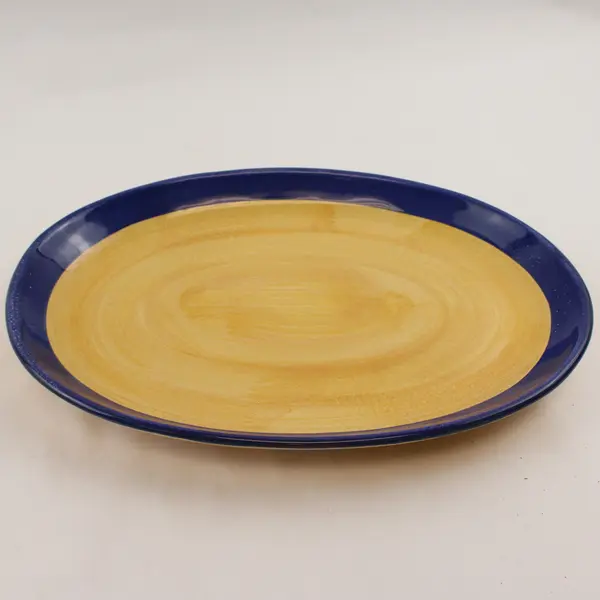 Signed Hand-Painted Yellow and Blue Ceramic Platter 13"