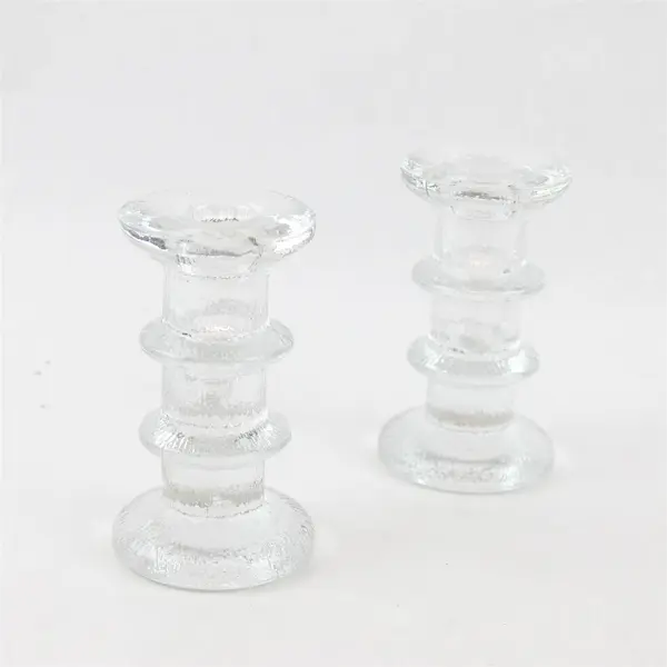 Lot Of 2 Unbranded Matching Clear Glass Taper Ring Candle Holders 5" Tall
