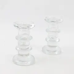 Lot Of 2 Unbranded Matching Clear Glass Taper Ring Candle Holders 5" Tall