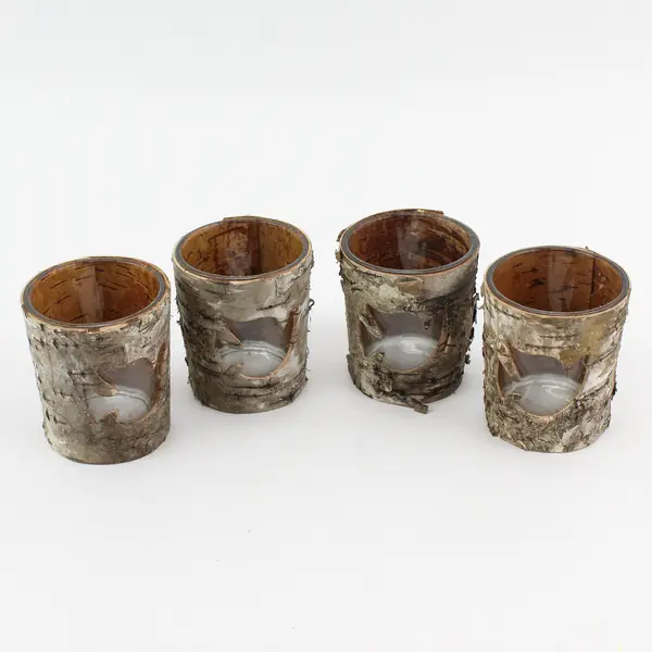 Set of 4 Birch Bark Tea Light Votive Candle Holders Rustic