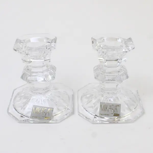 Lot Of 2 Mikasa Edinburgh Pattern Glass Single Light Candlestick Holders 3.25"