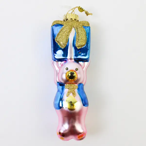 Vintage Hand-Blown Ornament Pink Bear Holding Blue Gift Box 5.5" Tall