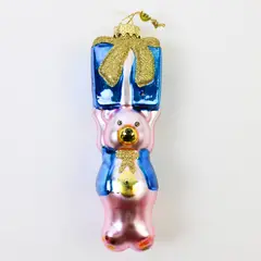 Vintage Hand-Blown Ornament Pink Bear Holding Blue Gift Box 5.5" Tall