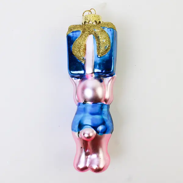 Vintage Hand-Blown Ornament Pink Bear Holding Blue Gift Box 5.5" Tall
