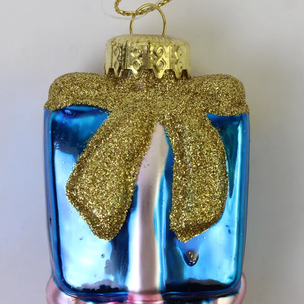 Vintage Hand-Blown Ornament Pink Bear Holding Blue Gift Box 5.5" Tall