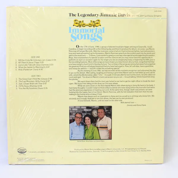 The Legendary Jimmie Davis Immortal Songs 12" Vinyl Record