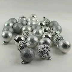 Lot of 29 Silver Glass and Plastic Bauble Christmas Tree Ornaments