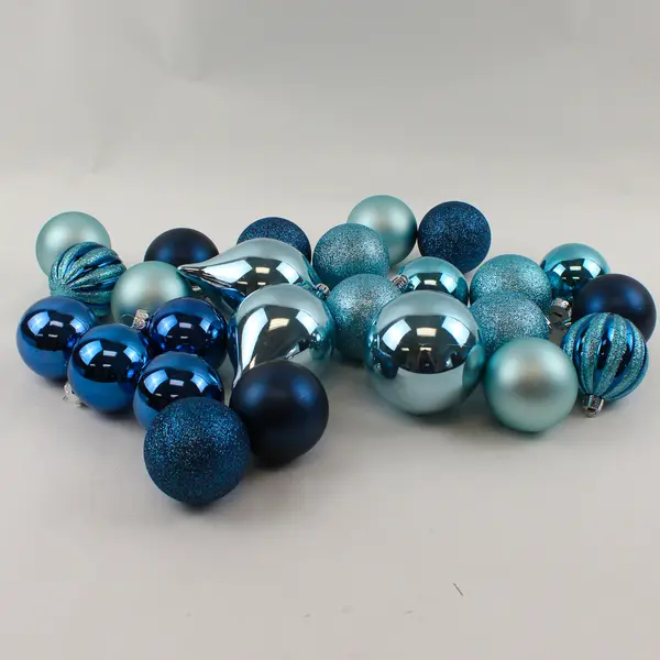 Lot of 25 Blue Shiny Sparkly Plastic Christmas Tree Ornaments