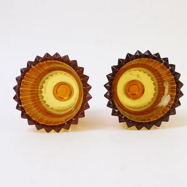 Lot Of 2 Matching Homco Amber Glass Peg Votive Candle Holders 4" Tall