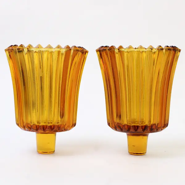 Lot Of 2 Matching Homco Amber Glass Peg Votive Candle Holders 4" Tall