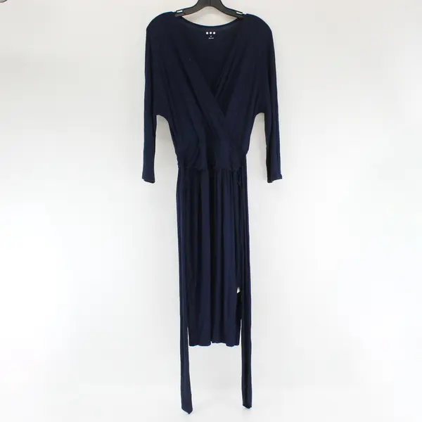 Three Dots Navy Blue Plunge 3/4-Sleeve Belted Dress Women's XS