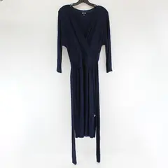 Three Dots Navy Blue Plunge 3/4-Sleeve Belted Dress Women's Size XS