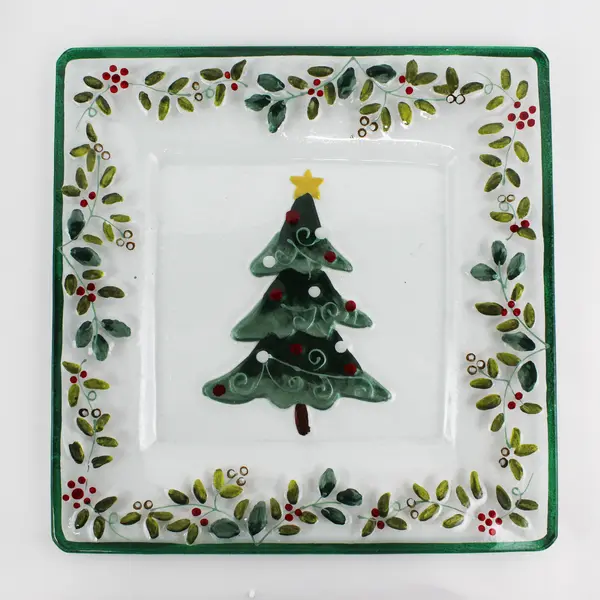 Pfaltzgraff Winterberry 14" Square Glass  Platter Christmas Tree Holly