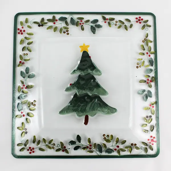 Pfaltzgraff Winterberry 14" Square Glass  Platter Christmas Tree Holly