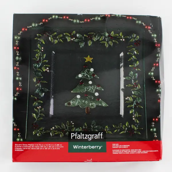 Pfaltzgraff Winterberry 14" Square Glass  Platter Christmas Tree Holly