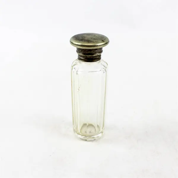 Vintage Ribbed Glass Dresser Bottle w/ Metal Screw-On Lid Perfume