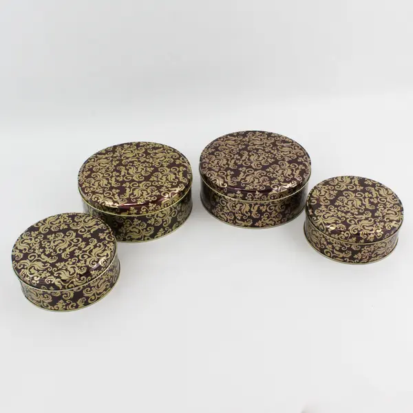 Lot of 4 Round Brown and Gold Cookie Tins 5" and 6.5"