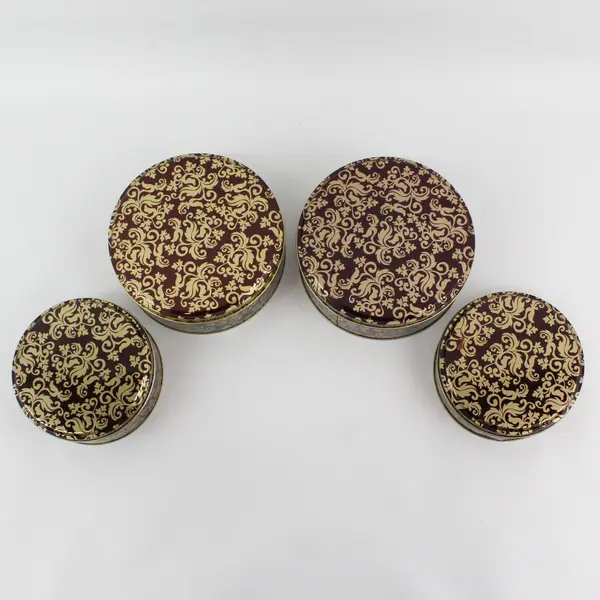 Lot of 4 Round Brown and Gold Cookie Tins 5" and 6.5"
