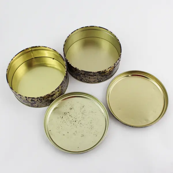 Lot of 4 Round Brown and Gold Cookie Tins 5" and 6.5"