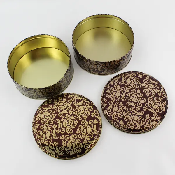 Lot of 4 Round Brown and Gold Cookie Tins 5" and 6.5"