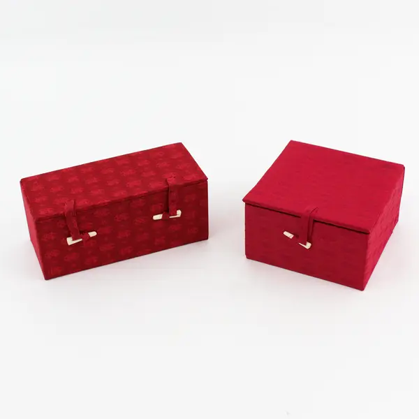 Set of 2 Empty Shalaston Red Silk Covered Glass Ornament Boxes