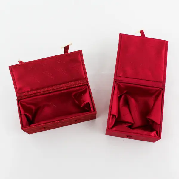 Set of 2 Empty Shalaston Red Silk Covered Glass Ornament Boxes