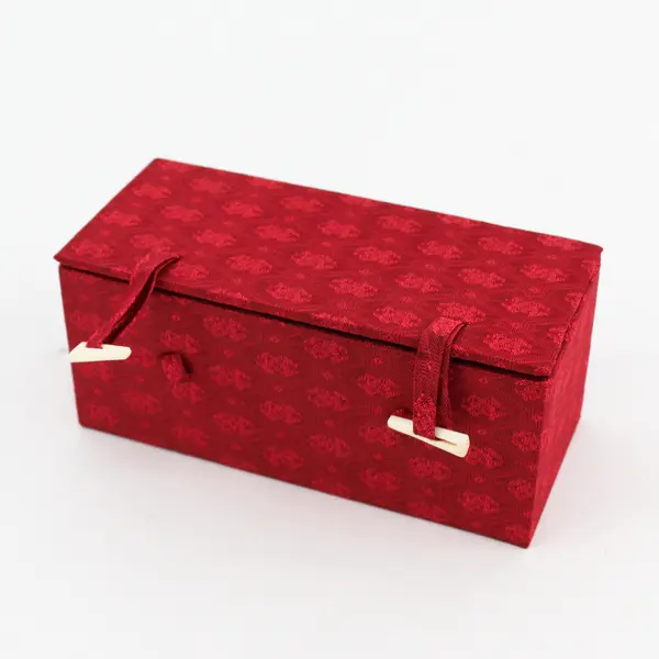 Set of 2 Empty Shalaston Red Silk Covered Glass Ornament Boxes