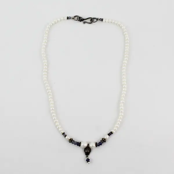 White Pearl and Amethyst Beaded Y Necklace 16.5"