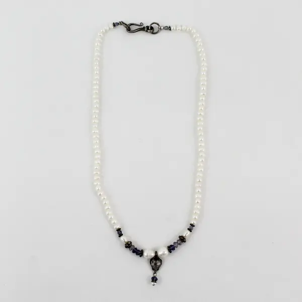 White Pearl and Amethyst Beaded Y Necklace 16.5"