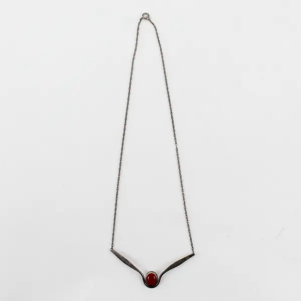 Vintage Modernist Style Sterling Silver Necklace Red-Orange Cabochon Stone 17"