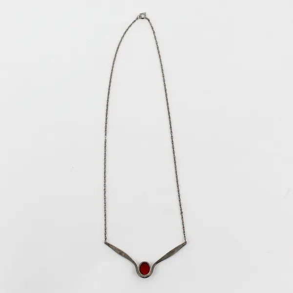 Vintage Modernist Style Sterling Silver Necklace Red-Orange Cabochon Stone 17"