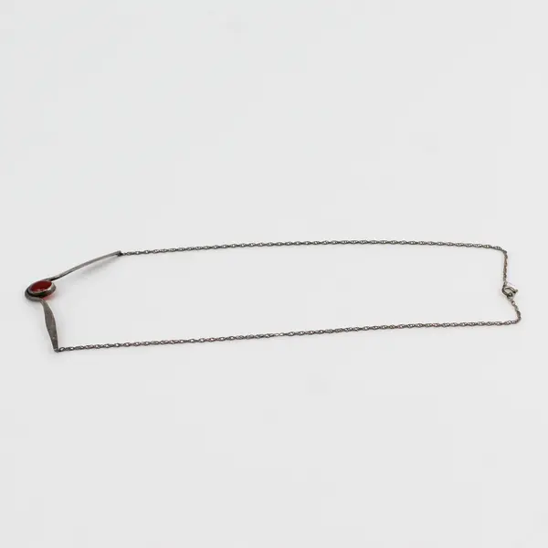 Vintage Modernist Style Sterling Silver Necklace Red-Orange Cabochon Stone 17"