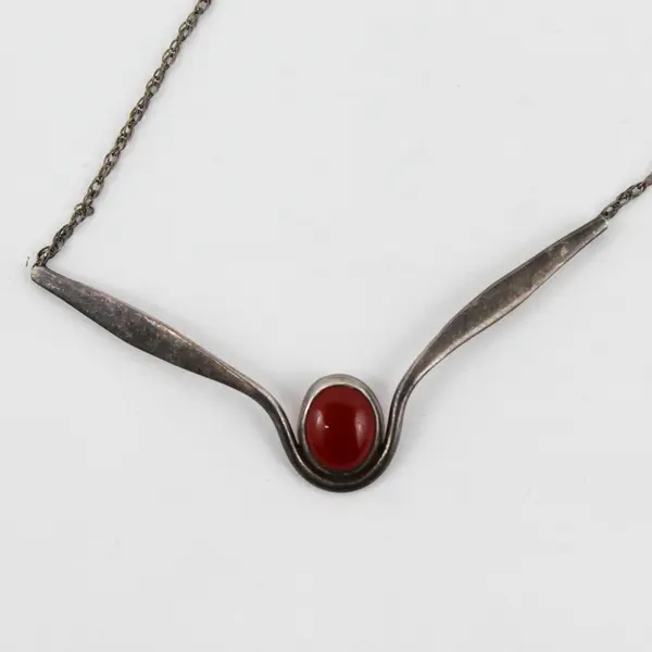 Vintage Modernist Style Sterling Silver Necklace Red-Orange Cabochon Stone 17"