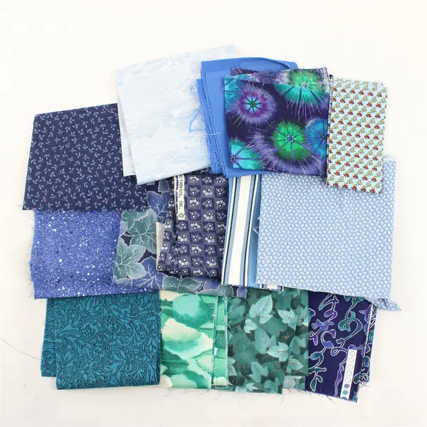 Mixed Lot of 14 Blue & Multicolor Fabric Scraps DIY Quilting Crafting