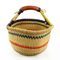 Handwoven Multicolor African Bolga Basket 14" Leather Handle